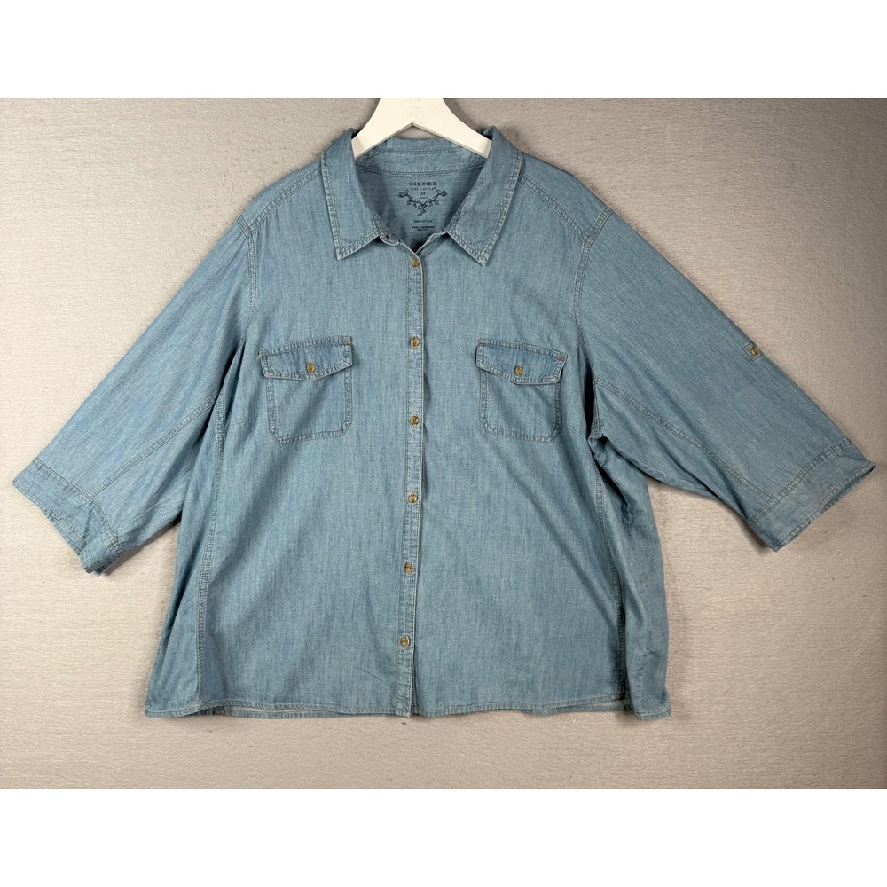 Sonoma Button Up Denim Shirt Women 3X 3/4 Roll Tab Sleeve Cotton Chambray